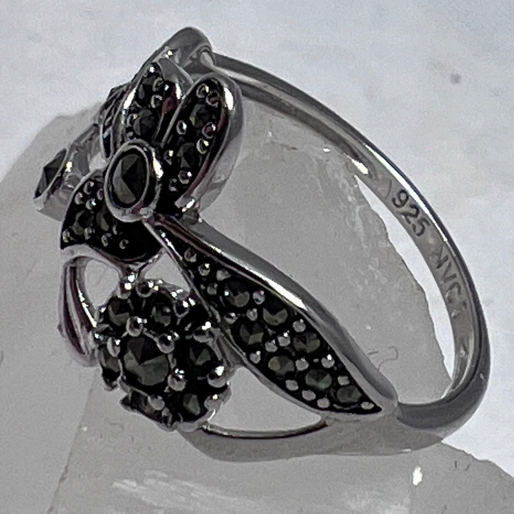 NVC Sterling Silver Marcasite‎ Floral Bypass Ring 925 Vtg Flower Size 6 - Picture 2 of 5